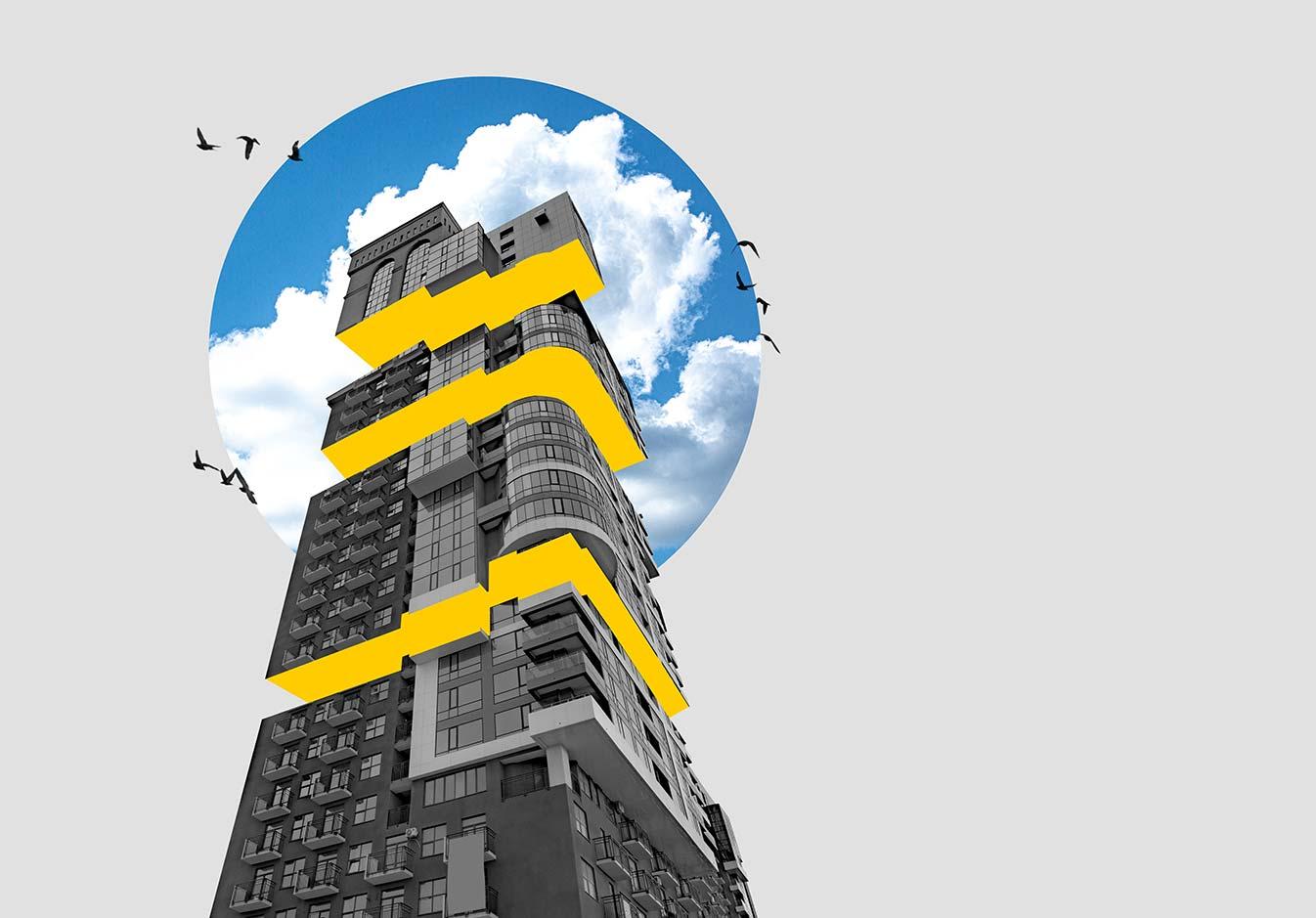 Modern building with abstract yellow lines and blue sky in a graphic composition