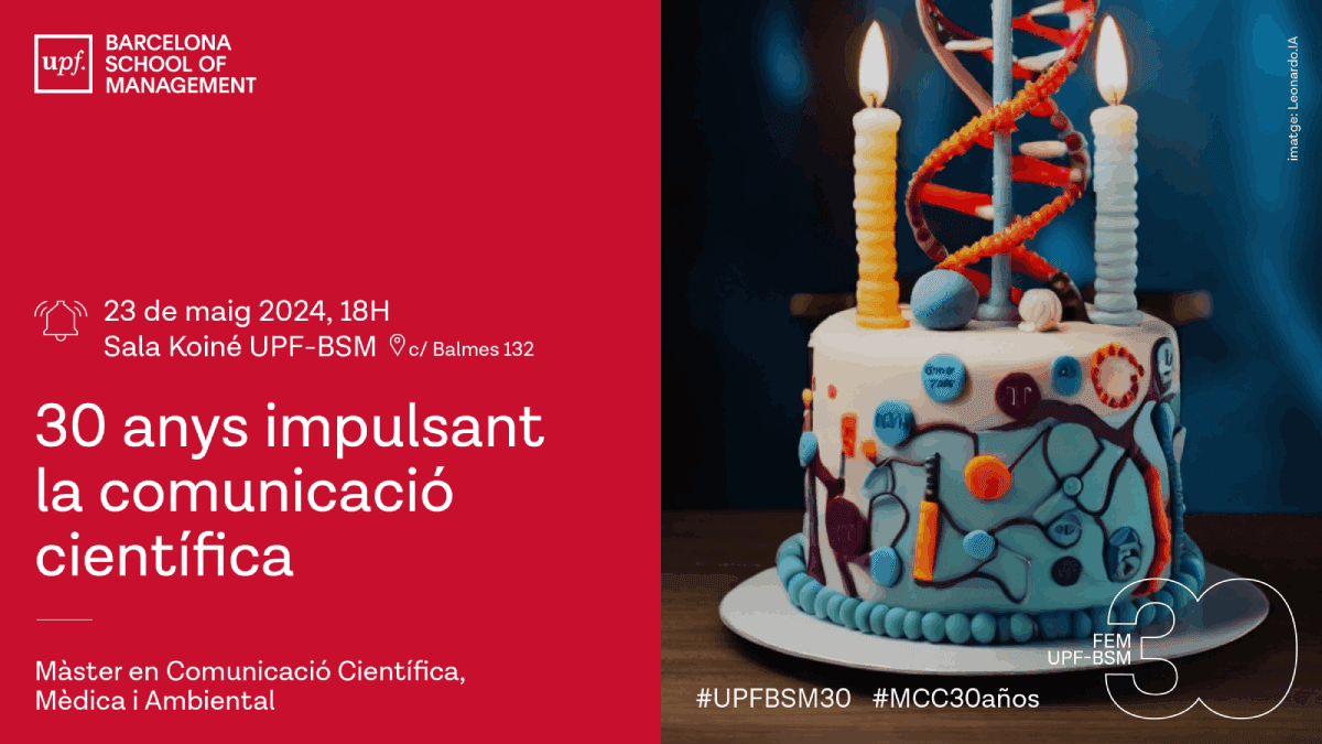 invitación evento con pastel en forma de ADN