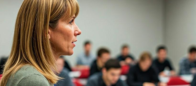 Close-up of a professor speaking while students listen in a classroom background.