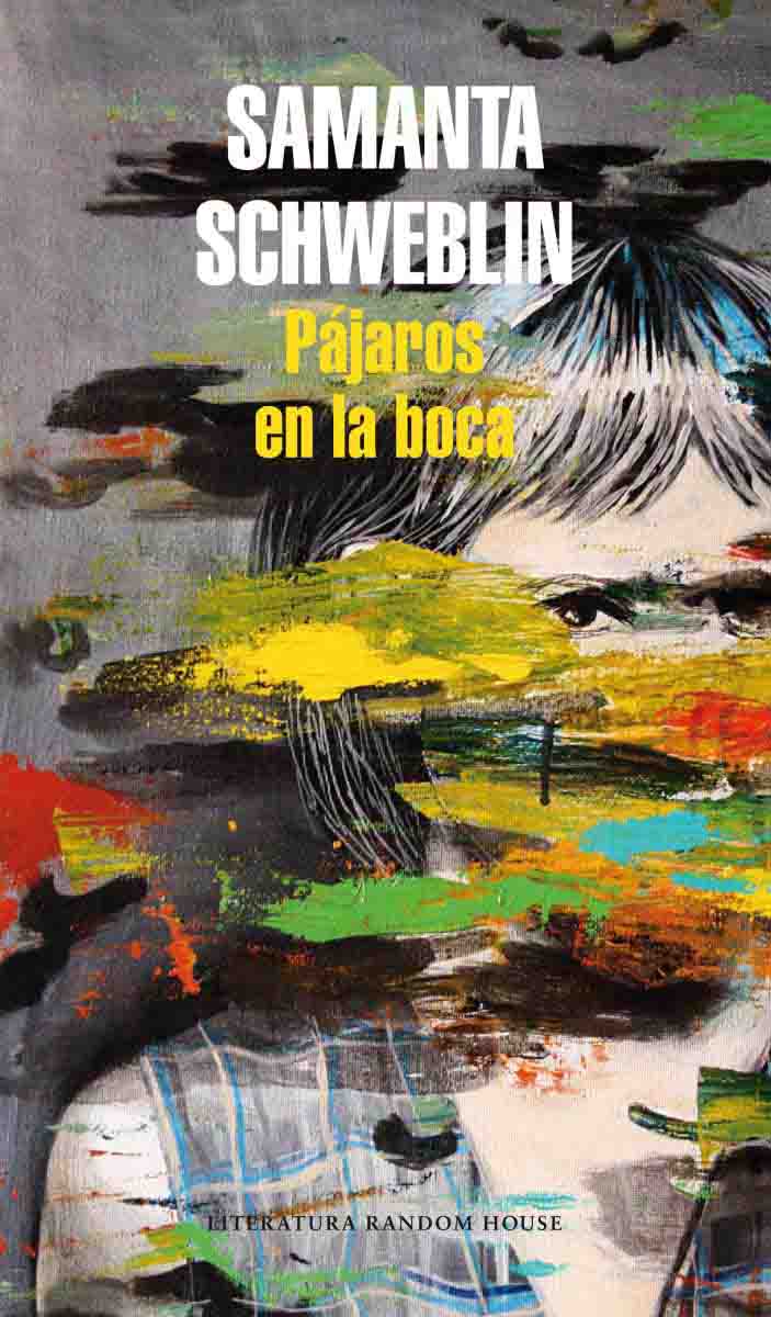Portada del llibre "pájaros" amb taques de pintura de colors sobre el dibuix d'una xica
